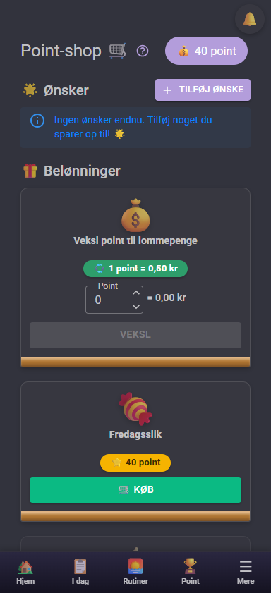 Point-shop på mobil (mørkt tema)